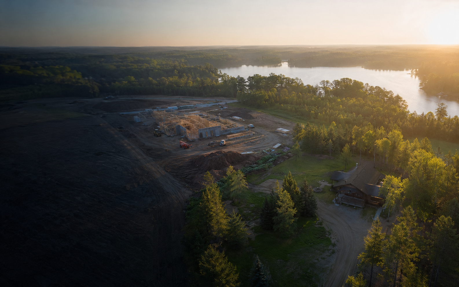 Aerial view of a Minnesota construction site near wooded acreage and a lake
